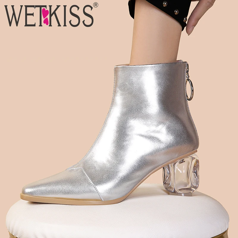 WETKISS Cow Leather Ankle Boots Women Crystal Heels High Booties Pointed Toe Shoes Female Zip Party Shoes Ladies Autumn New