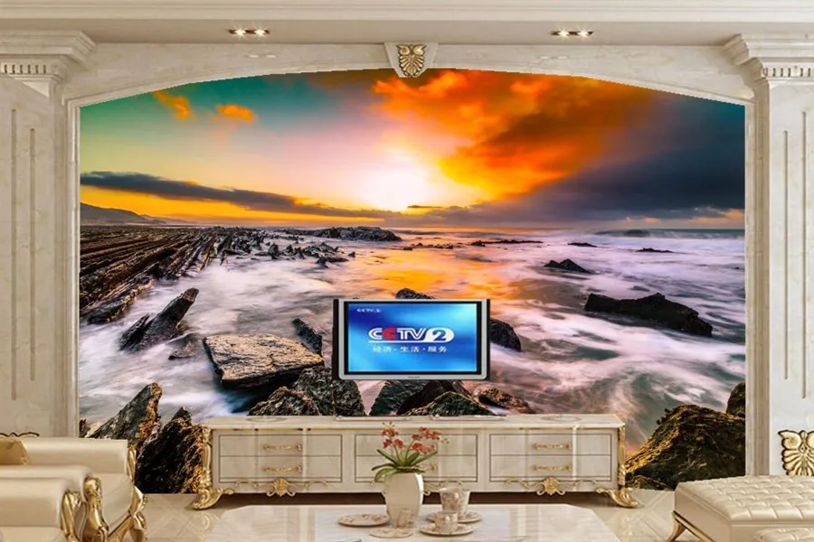 

Custom large murals,Sunrises and sunsets Sea Stones Nature wallpapers ,living room sofa TV wall bedroom wall scenery wallpaper