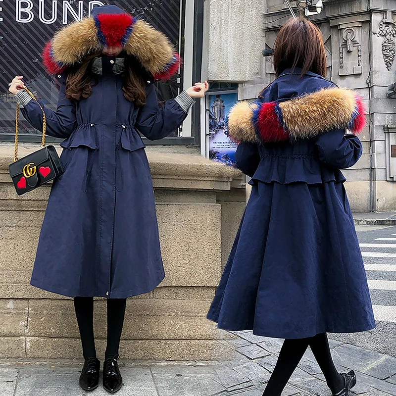 Colorful large raccoon dog fur collar thick winter down coats women slim waist white duck jackets 2018 autumn MOVAU0167 | Женская одежда