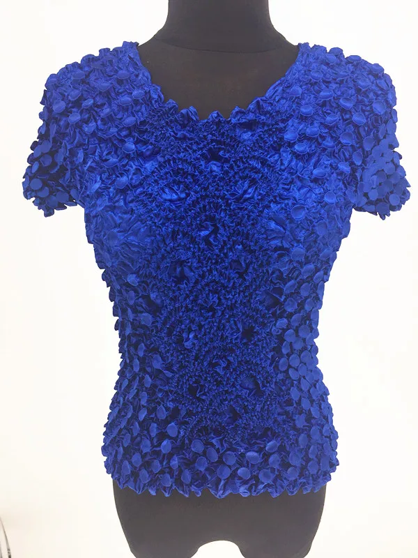 Royal Blue Для женщин эластичные попкорна Топы с коротким рукавом рубашка монета рубашки - Цвет: Royal Blue
