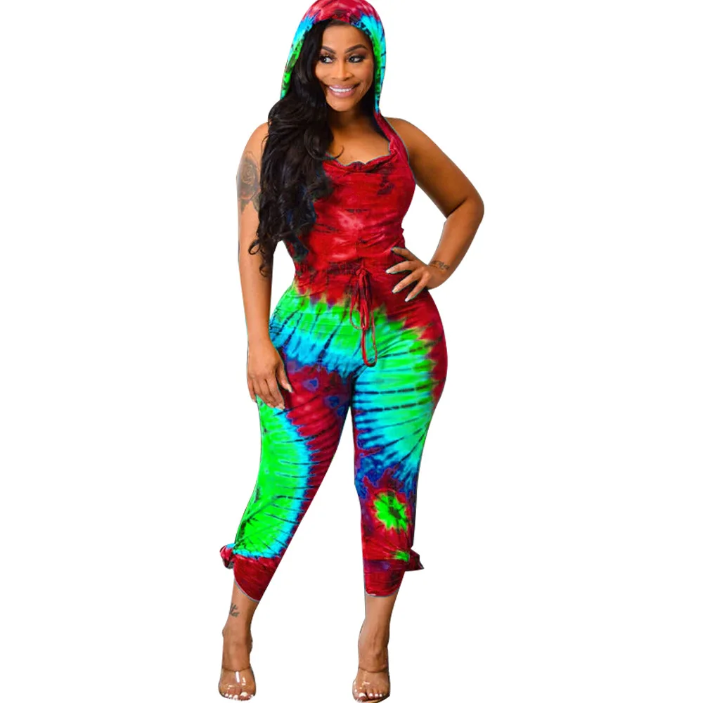 Цветной комбинезон Tie Dye, женский комбинезон с открытыми плечами, с вырезом сзади, Облегающий комбинезон, повседневный комбинезон с капюшоном, без рукавов, боди до середины икры - Color: Red