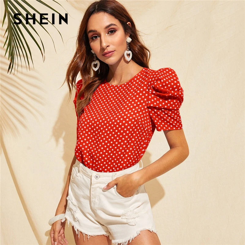 SHEIN летняя блузка в горошек с замочной скважиной на спине, с пышными рукавами, женская одежда, повседневные женские топы с круглым вырезом и коротким рукавом