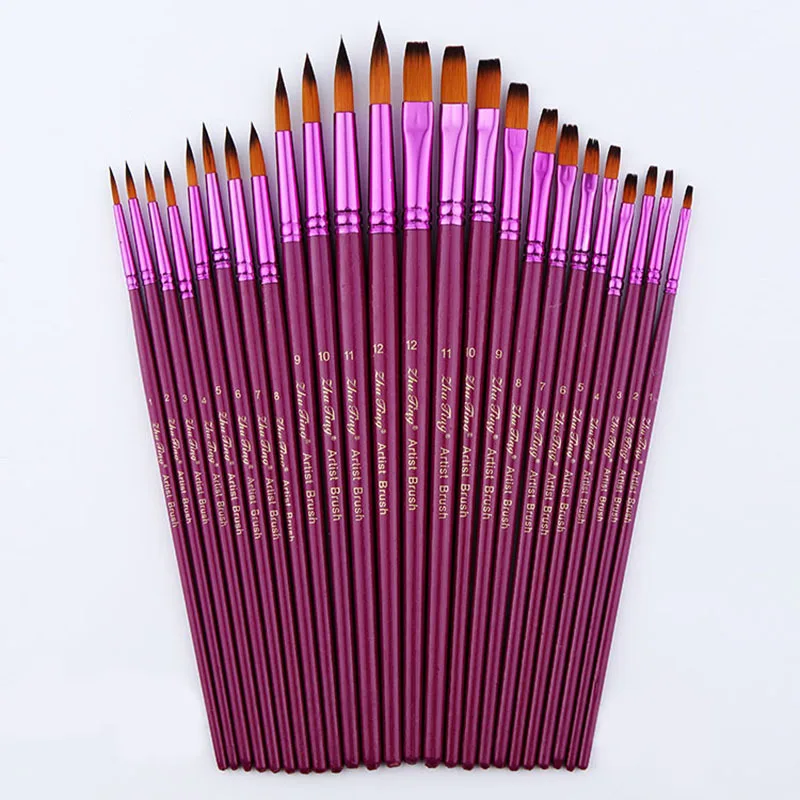 purple 24 PCS 12 24 шт. нейлоновые волосы деревянная ручка Акварельная кисть для рисования, ручка Набор для обучения масляная Акриловая картина художественные Кисти - Цвет: purple 24 PCS