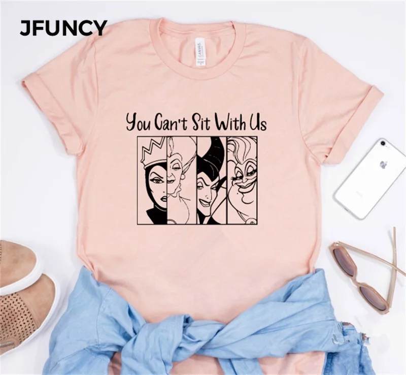 Летняя футболка с принтом злой королевы, женская футболка с надписью «You Can't Sit With Us», хлопковая Футболка Harajuku, топы с коротким рукавом, футболки