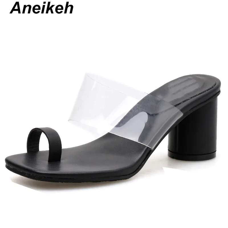 Black Aneikeh/ г.; летние модные прозрачные женские шлепанцы из искусственной кожи; однотонные вьетнамки на высоком квадратном каблуке; Повседневная Уличная обувь; цвет черный, белый; Размеры 35-39 - Цвет: Black