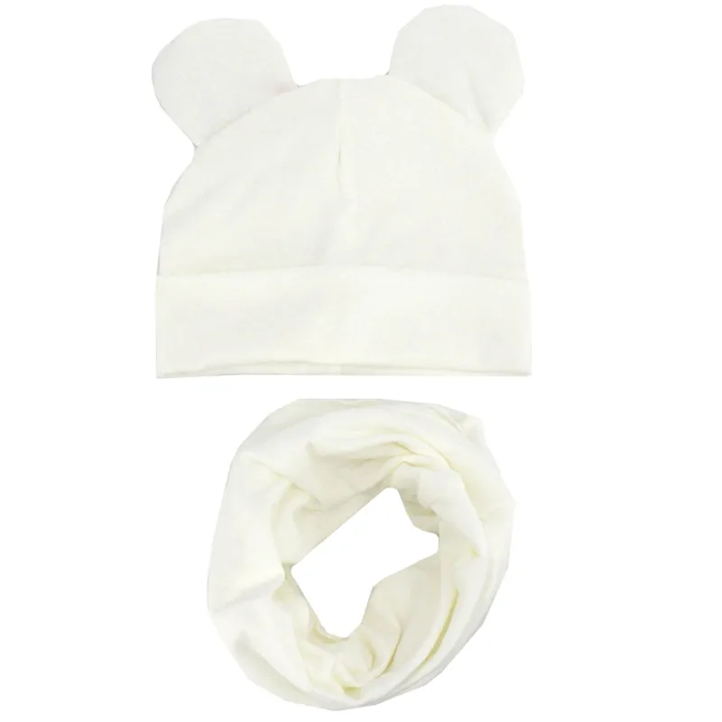 white set Новая детская шляпа, шарф, комплект для малышей, милые шапки с ушками, шапочки, высококачественные хлопковые наборы шарф шапка детские шляпы, воротник, реквизит для фотографий - Цвет: white set