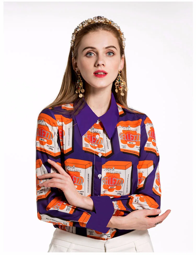 New Arrival 2019 Spring Summer Women's Turn Down Collar Long Sleeves Letters Geometric Printed Fashion Designer Shirts |