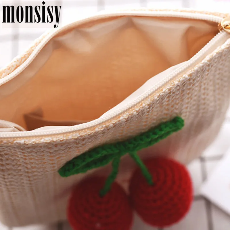 Monsisy Summer Straw Bag For Women Cherry Beach Girl Handbag Wallet Purse Causal Rattan Messenger |