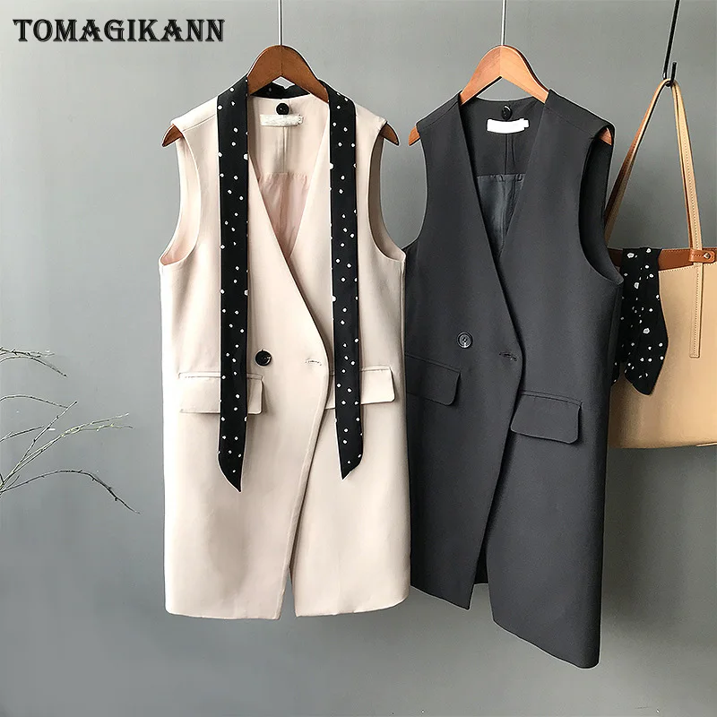 Однотонный двубортный длинный женский костюм жилет корейский v образный вырез с
