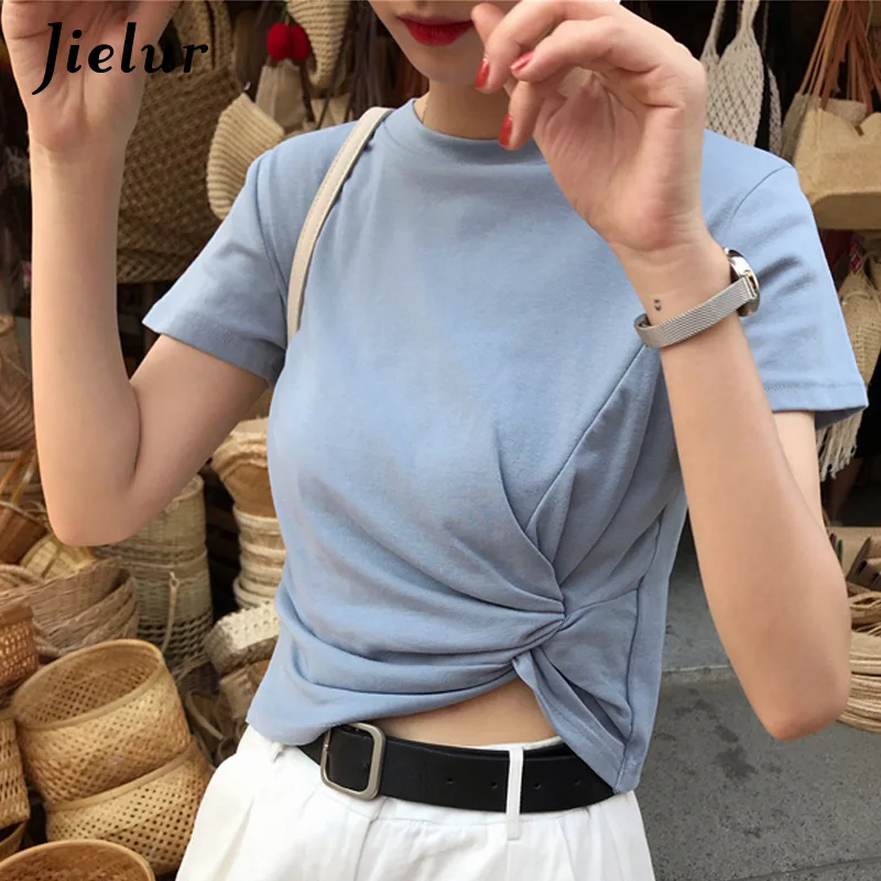 Smoky blue Jielur Женская летняя футболка с короткими рукавами, повседневные уличные футболки Kpop, женские Необычные модные футболки, 7 цветов, Roupas Feminina - Цвет: Smoky blue