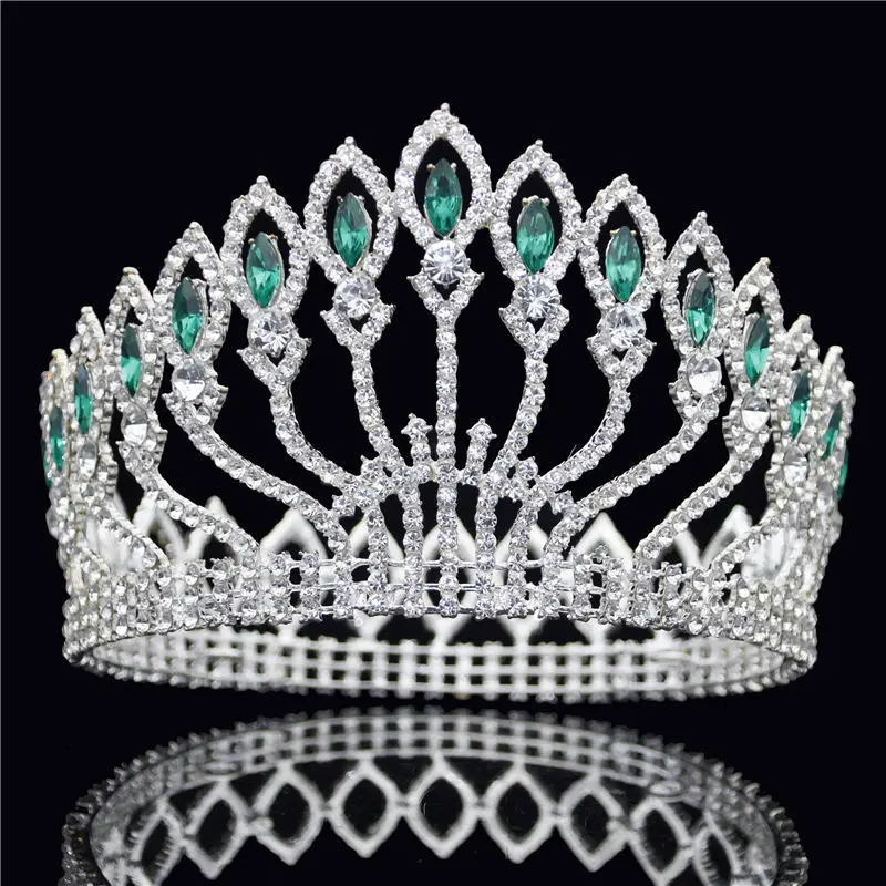 Silver Green Модные хрустальные металлические большая корона свадебные диадемы золото серебро розовый свадебное украшение для волос в виде короны пышная диадема Королевская корона - Окраска металла: Silver Green