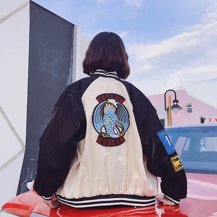 Женская Осенняя куртка бомбер с вышивкой Harajuku большого размера уличная