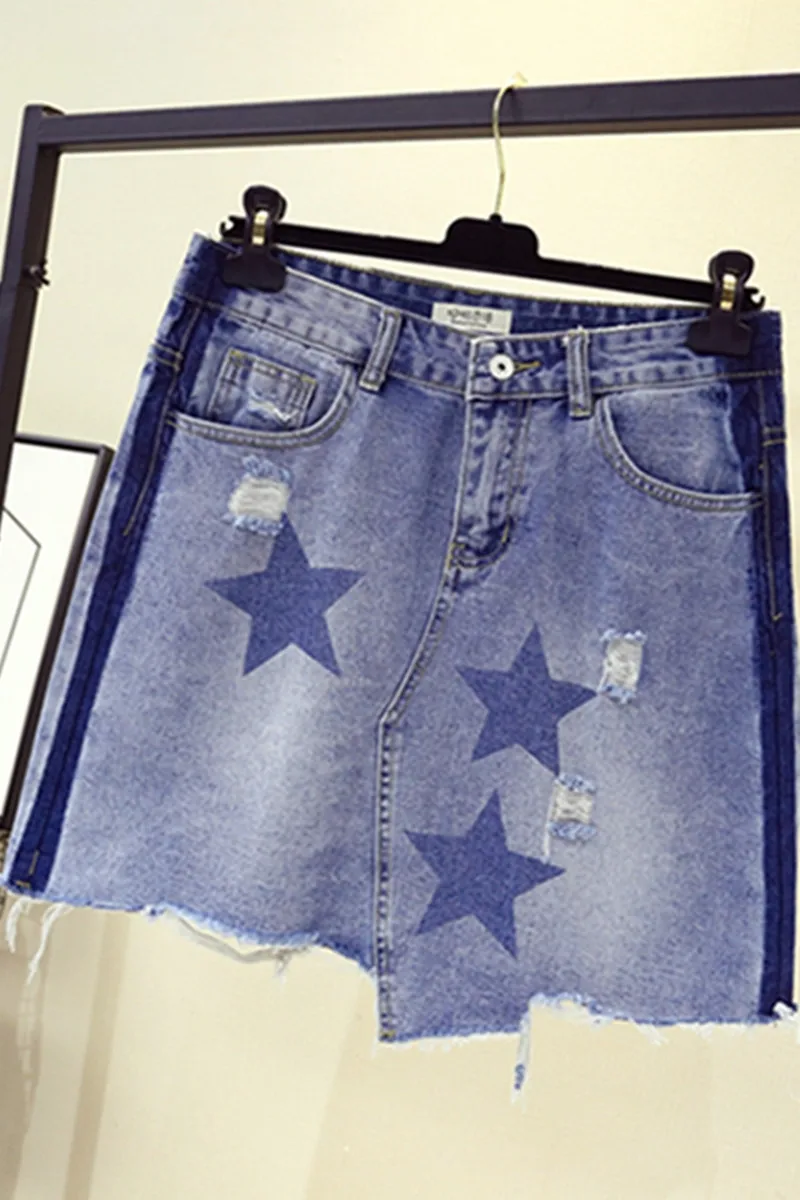 Женская джинсовая юбка со звездами трапециевидная мини длиной выше колена с карманами и дырками элегантный