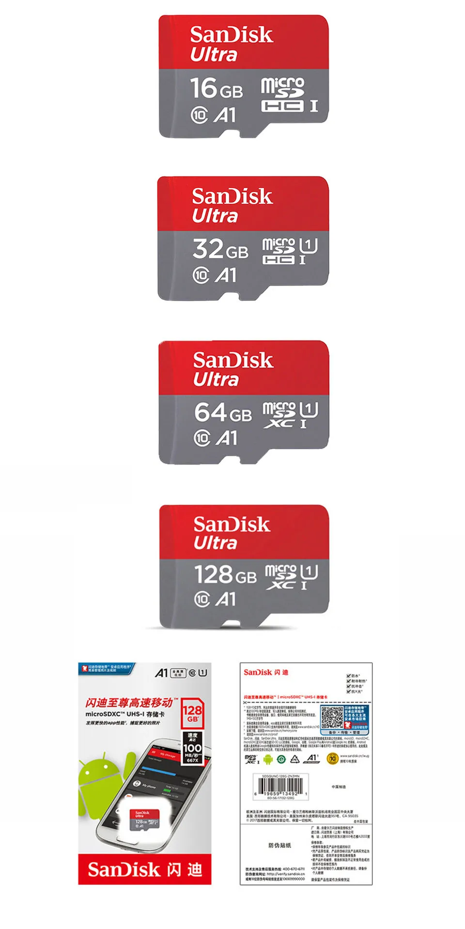 Карта памяти SanDisk Micro SD, 8 ГБ, 16 ГБ, 32 ГБ, 64 ГБ, 128 ГБ, MicroSD, Макс. 80 м/с Ultra C10, TF карта C4, 8 ГБ, картао де Мемория