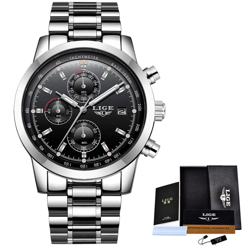 silver black Relojes Hombre LIGE Бизнес Кварцевые часы для мужчин нержавеющая сталь водонепроницаемые автоматические часы с датой Модные Военные мужские часы - Цвет: silver black
