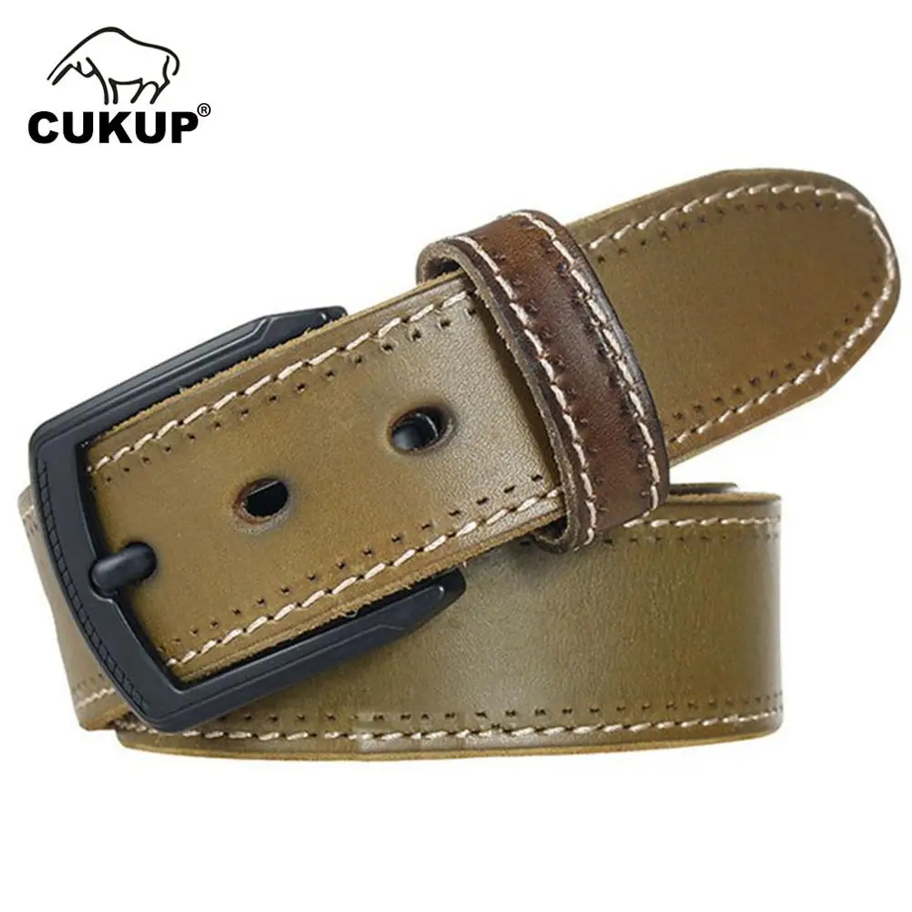CUKUP Men's Top Quality Solid Green Cow Skin Leather Belts Black Pin Buckle Metal Man Casual Styles Jeans Belt for Men NCK298