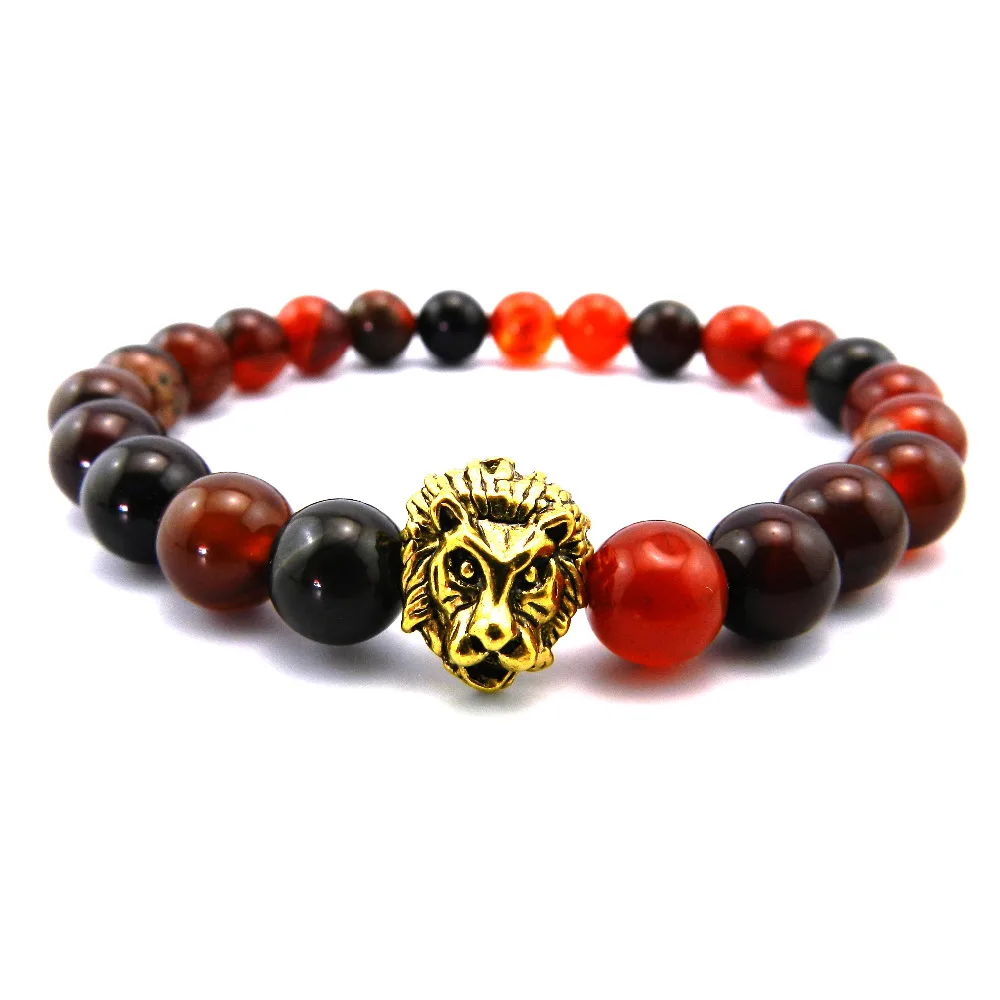 2018 New Design Mens Bracelets Retail 8mm Snowflake Obsidian Stone Beads Antique and Gold Lion Head for Women |
