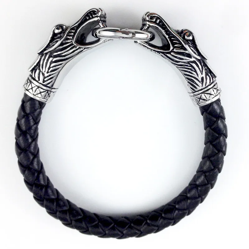 Cool men bracelet leather Tibetan silver titanium fashion male vintage accessories parataxis double dragon jewelry |