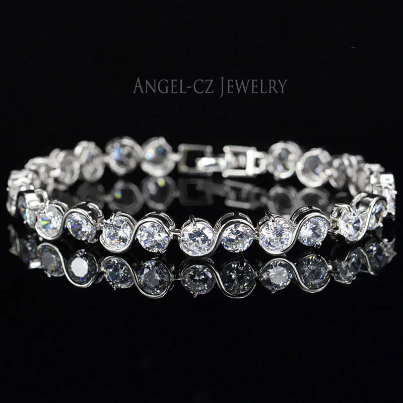 White ANGELCZ 925 пробы серебряные женские ювелирные изделия классический круглый зеленый создан Изумрудный кубический циркон браслет-цепочка с камнем для женщин AB002 - Окраска металла: White