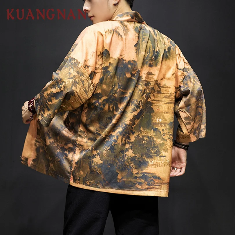 KUANGNAN, китайское кимоно, кардиган, Мужская Уличная одежда, летние рубашки, японское кимоно, Мужская кимоно, рубашка, Мужская одежда, 5XL, новинка