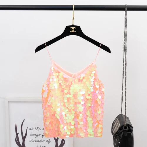 Pink Новинка, летняя, осенняя, модная, расшитая блестками короткая майка, женская, тонкая, v-образный вырез, с блестками, майка, сексуальная, уличная одежда, тонкие лямки, Холтер, топ Mw575 - Цвет: Pink