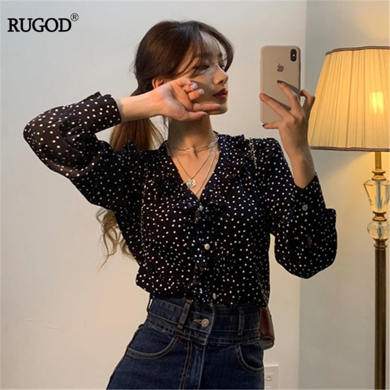 RUGOD Ghost horse girl Korean spring ins hot small blouse lace wave chiffon shirt fashionable blouses |