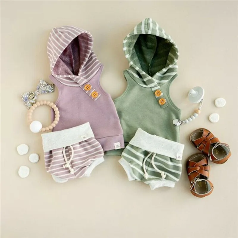 

Newborn Baby Girl Boy Clothes Hooded Stripe Tops Short Pants Summer Outfits Set