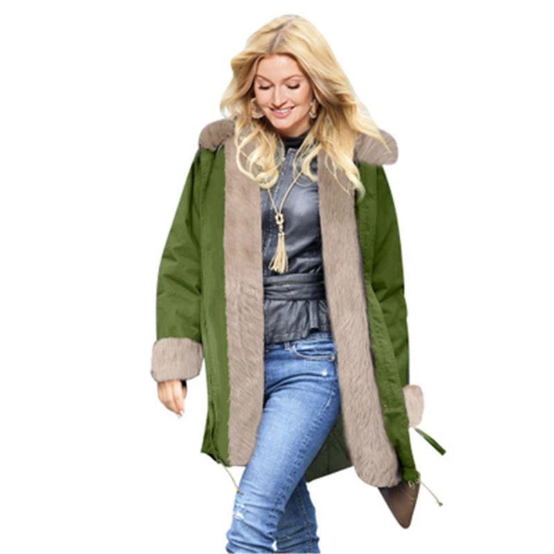 Large Size Winter Women Faux Fur Overcoat Casual Slim Thick Warm Female Fur Coats Vintage Spliced Army green Outerwear J739