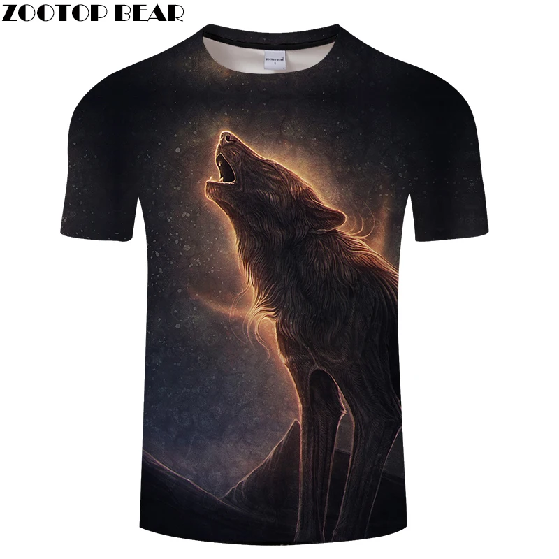 Черная Футболка Волк мужская футболка аниме тройник 3D Топ Harajuku Camiseta Streatwear