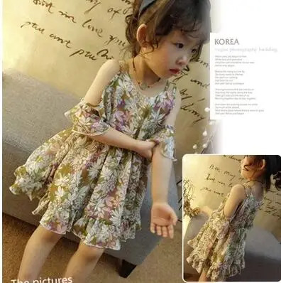 2018 summer Korean version of the new girl floral strapless straps lotus leaf chiffon fashion princess dress | Детская одежда и