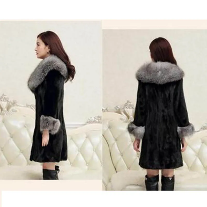 Женская шуба из искусственного меха Длинная зимняя норки с лисьим меховым
