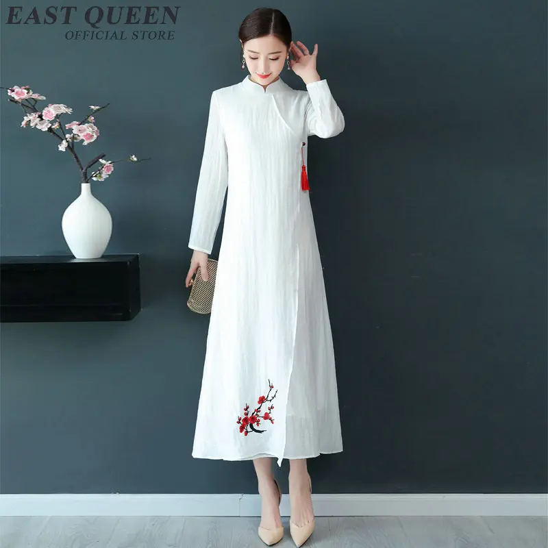 

White Elegant Chinese Dresses Modern Cheongsam Qipao Vintage Long Sleeve Ao Dai Vietnam Traditional Dress Meditation Robe AA4145