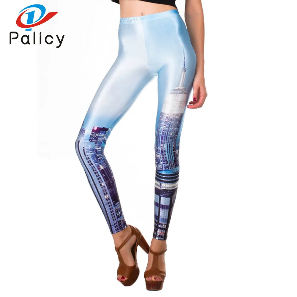 Palicy 2017 Thin Fitness Fashion 3D Print Leggings White City Life Women Mid Waist Breathable Trouser Slim Pants Stretch Casual