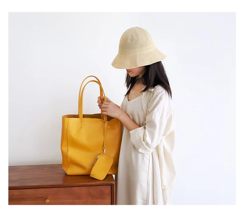 Women Luxury Bag Casual Tote Female Lemon Yellow Fashion Shoulder Handbag Lady Cowhide Genuine Leather Shoulder Shopping Bag