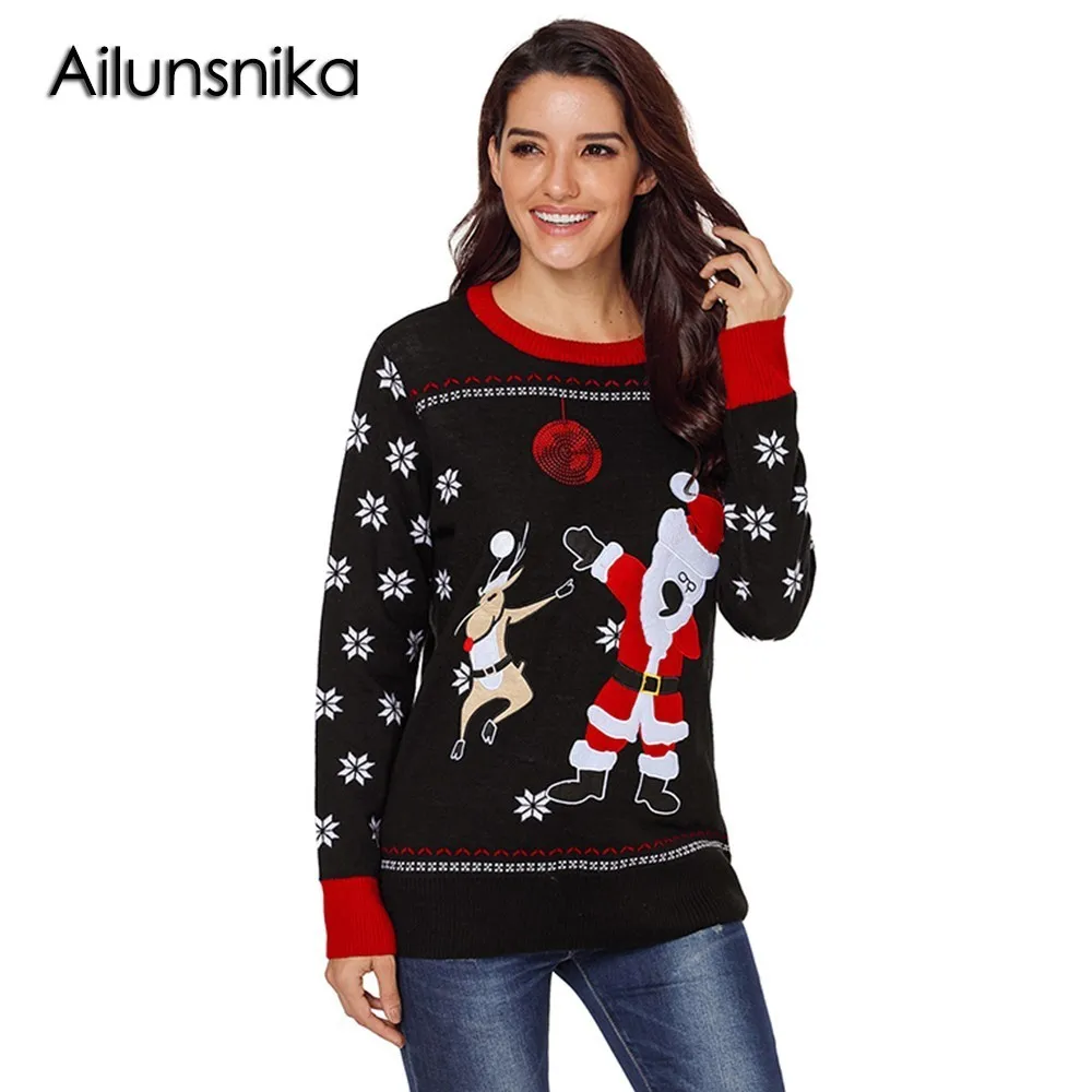 Ailunsnika 2018 Women Casual Black O-Neck Full Sleeve Reindeer Snowflakes Santa Sweater For Christmas Day Size S-XXL DL27823 | Женская