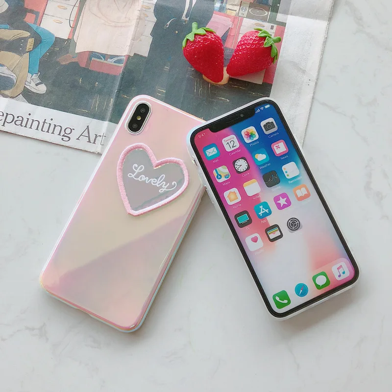 Colorful embroidery heart Pink Phone Case For iPhone X XS Max XR 6s 6 7 8 Plus Laser gradie Cover Fitted |