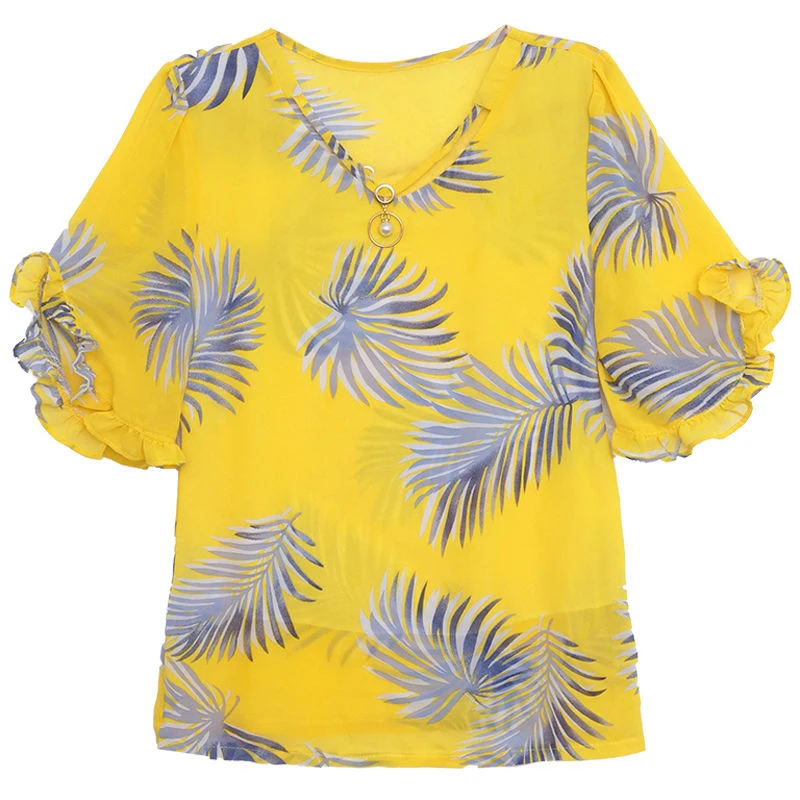 

Women Summer Style Chiffon Blouse Fashion Blouses Short Flare Sleeve Shirt Casual Simple Stripe Top Ladies Shirts DF2581