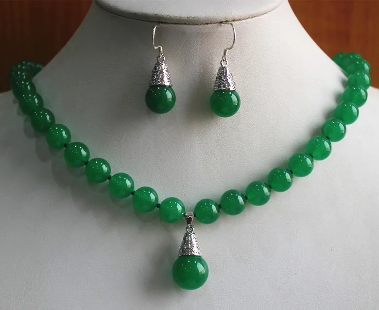 

8mm green jades necklace+l hook earring&pendant necklace set