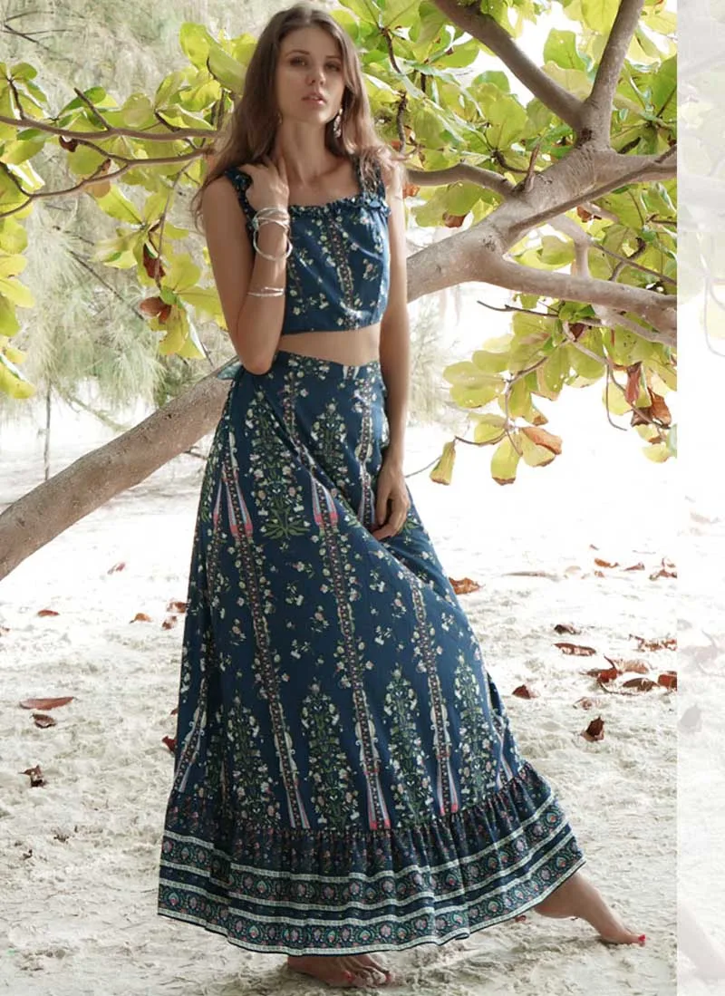 Boho Женский комплект из 2 предметов юбка макси Повседневная Клубная одежда
