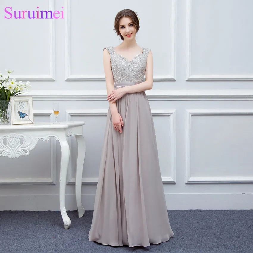 

Free Shipping Gray Bridesmaid Dresses Long Chiffon High Quality Embroidery Back Nude See Through Brides Maid of Honor Real Photo