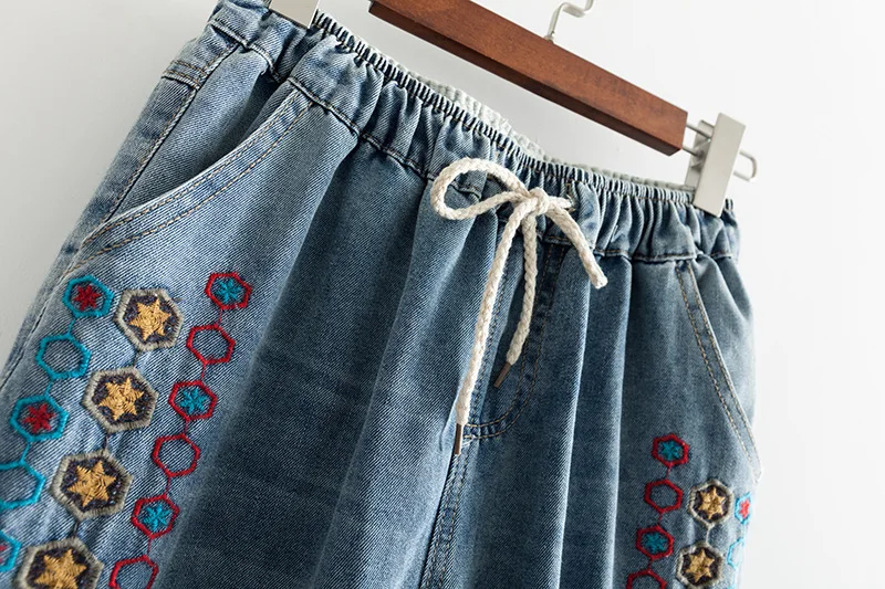 Harem Denim Pants Embroidery Loose Calf Length Plus Size Women High Elastic Waist 2019 Summer Casual Pants Denim Lady  3XL