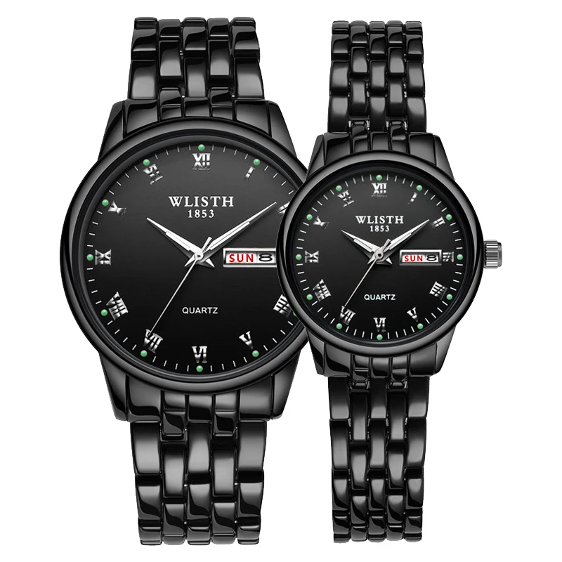 1 Pair black 1 пара часов Часы из нержавеющей стали часы с датой недели светящиеся модные часы для влюбленных Подарочная коробка кварцевые наручные часы для мужчин и женщин - Цвет: 1 Pair black