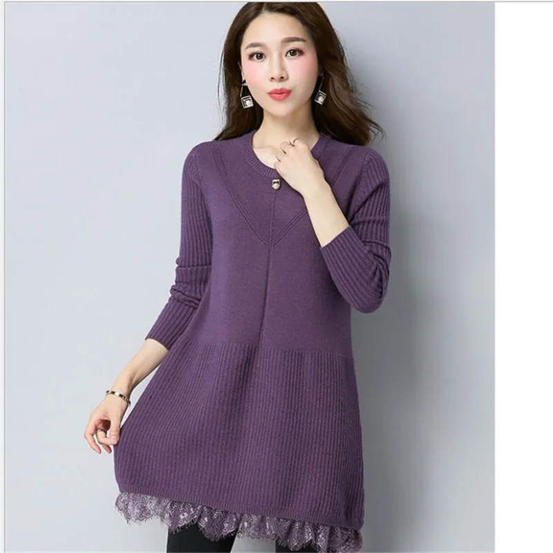 Милое вязаное платье-свитер с круглым вырезом теплые женские Пуловеры