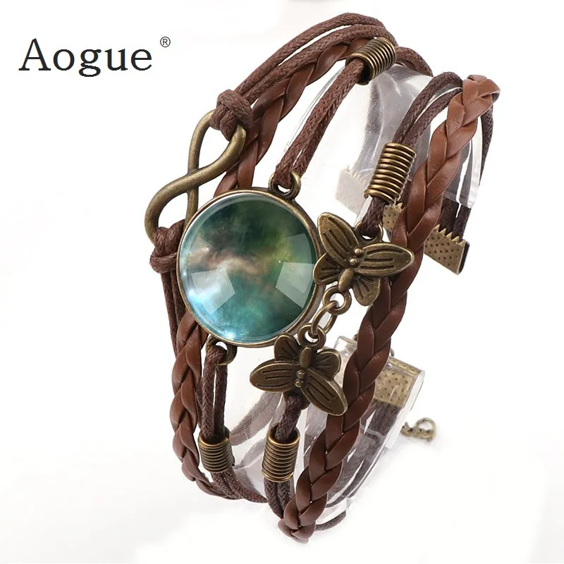 

Punk Brown Artificial Leather Starry Sky Bracelet Rock Biker Bracelets Dome Round Glass Cabochon Bracelet