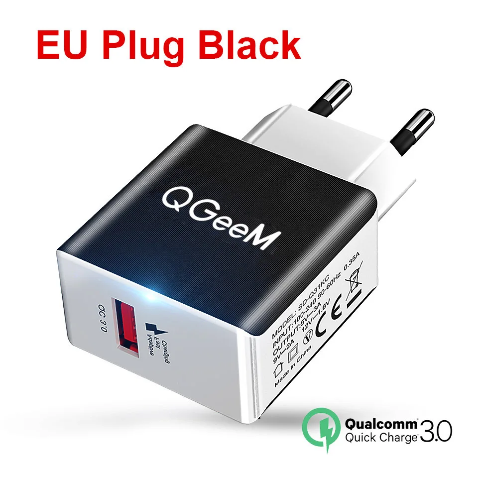 BLACK EU QGEEM QC 3,0 USB зарядное устройство волоконное быстрое зарядное устройство 3,0 быстрое зарядное устройство Портативный зарядный адаптер для телефона для iPhone Xiaomi Mi9 EU US - Тип штекера: BLACK EU