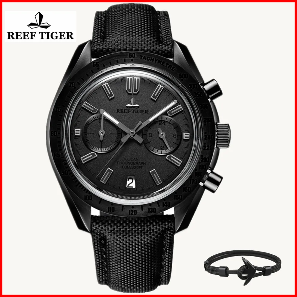 Reef Tiger/RT мужские дизайнерские часы с хронографом и нейлоновым ремешком, светящиеся спортивные часы, мужские черные часы пилота RGA3033