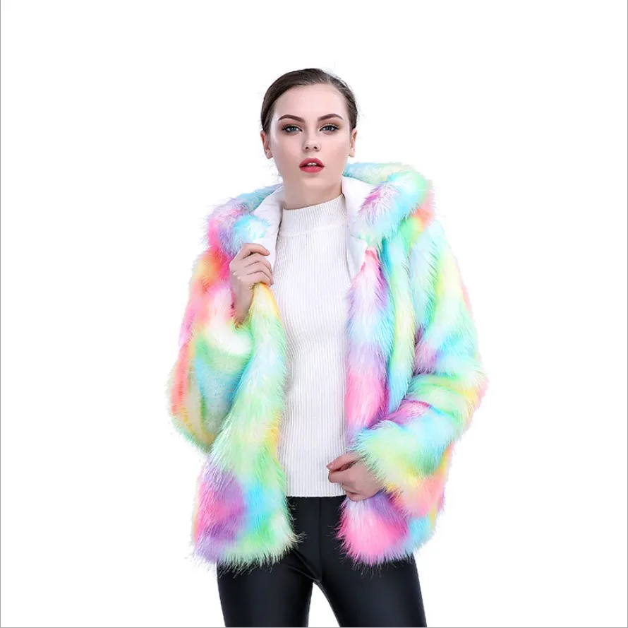 

Winter Furry Faux Fur Coat Women Fluffy Warm Long Sleeve Gradient Hooded Colorful Outerwear Fall / Autumn Coat Jacket