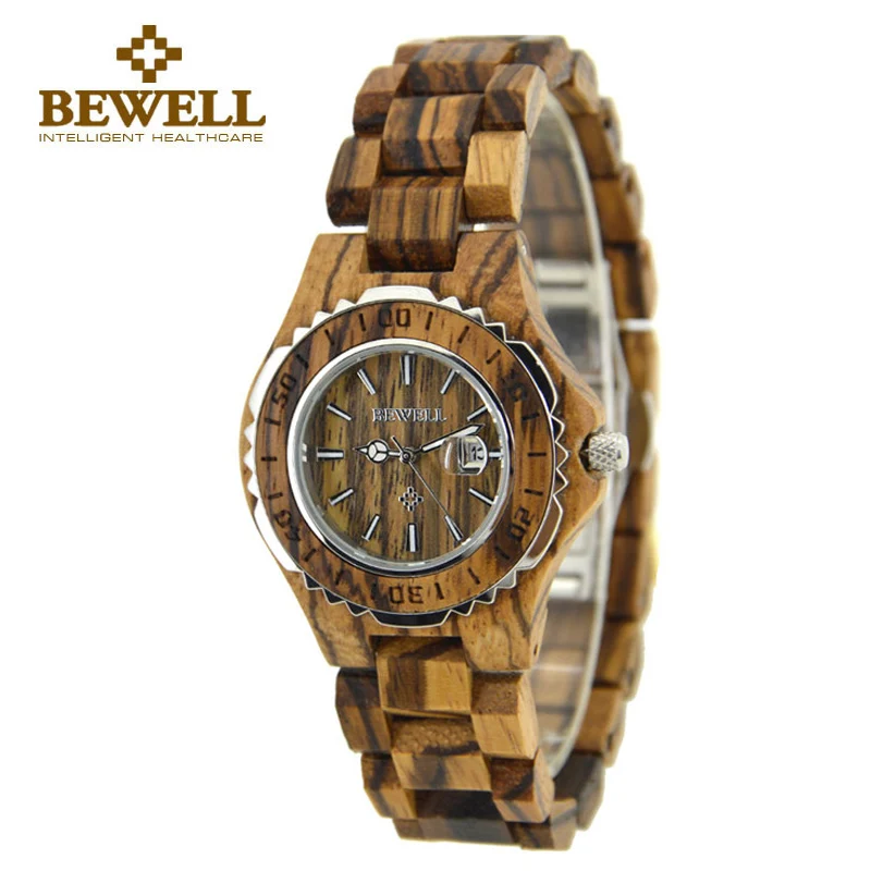 BEWELL дамы кварцевые деревянные часы из нержавеющей стали обратно водостойкий