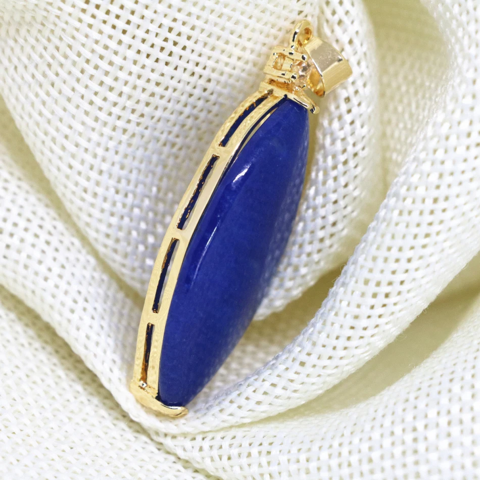 Wholesale Women Oval Drop Pendant Blue Natural Stone Chalcedony Lapis Lazuli Fashion Elegant Gold-color Jewelry 18*38mm B1874 | Украшения и