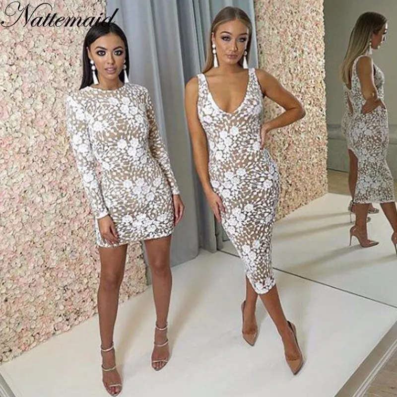 NATTEMAID кружевное платье-карандаш с цветочным узором, повседневное сексуальное клубное мини-платье, Осеннее белое платье, женское элегантное платье Vestidos